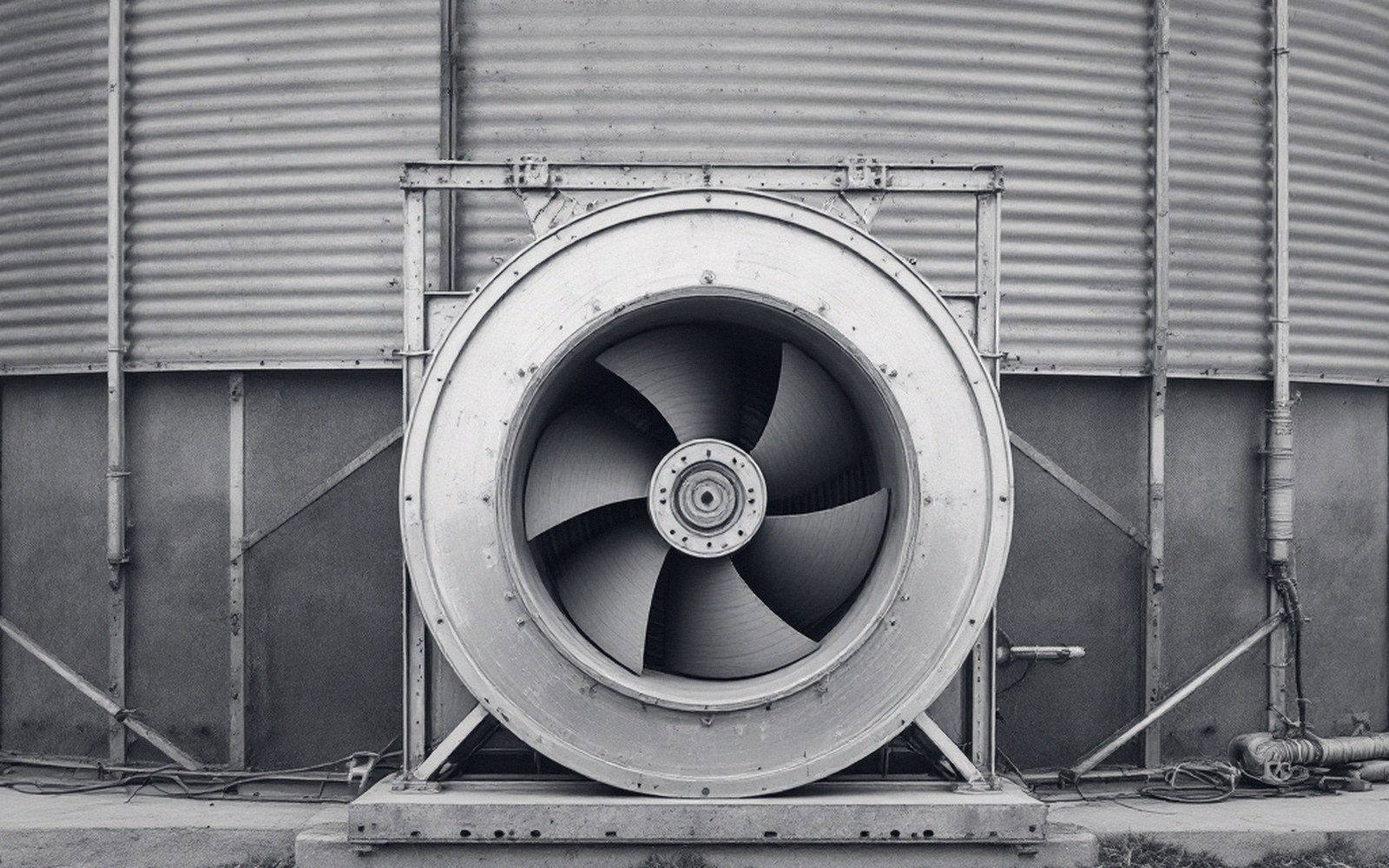 Large industrial fan mounted against a corrugated metal grain bin