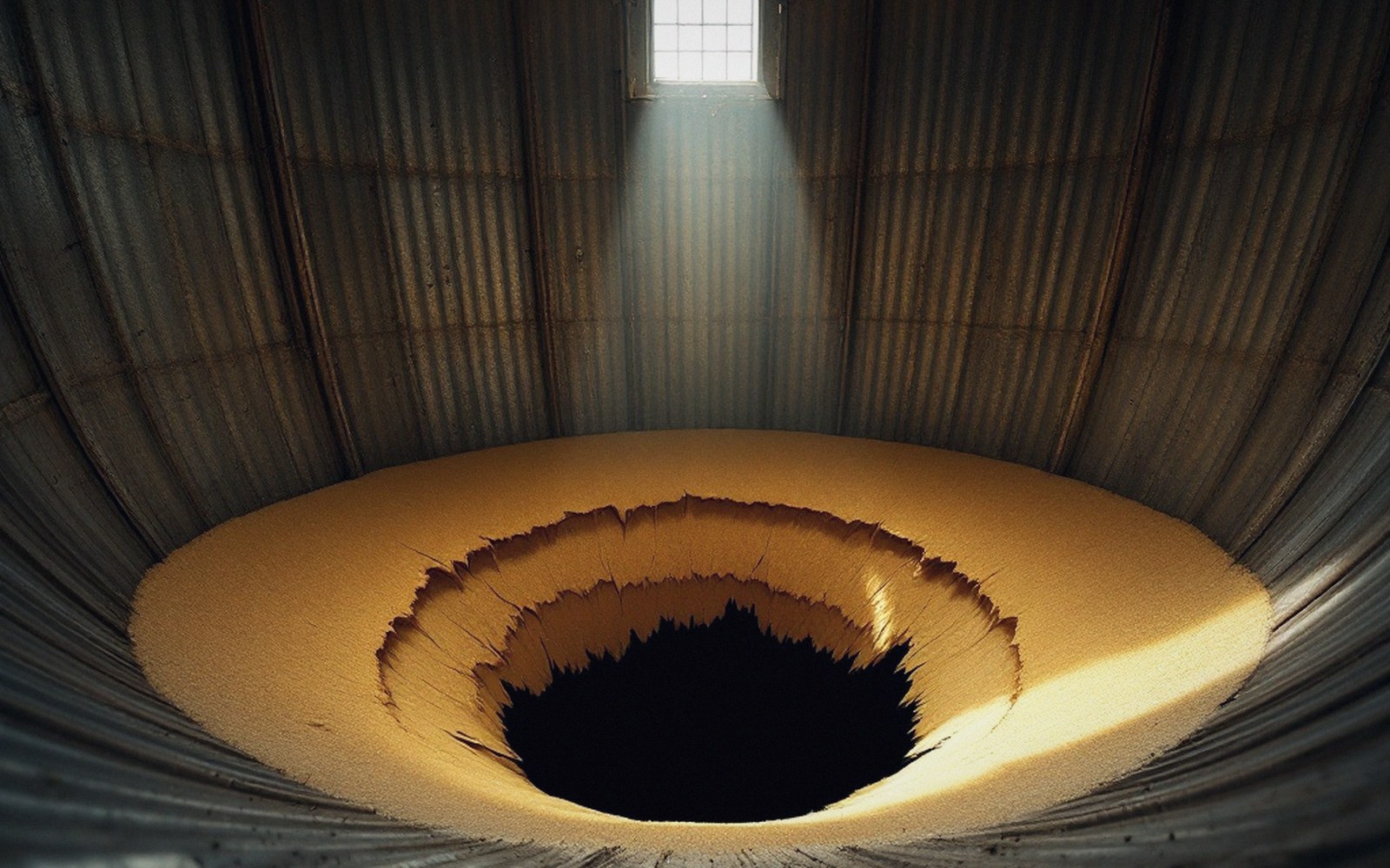 Sunlight beams into a grain silo, illuminating a funnel-shaped void collapsed into stored grain