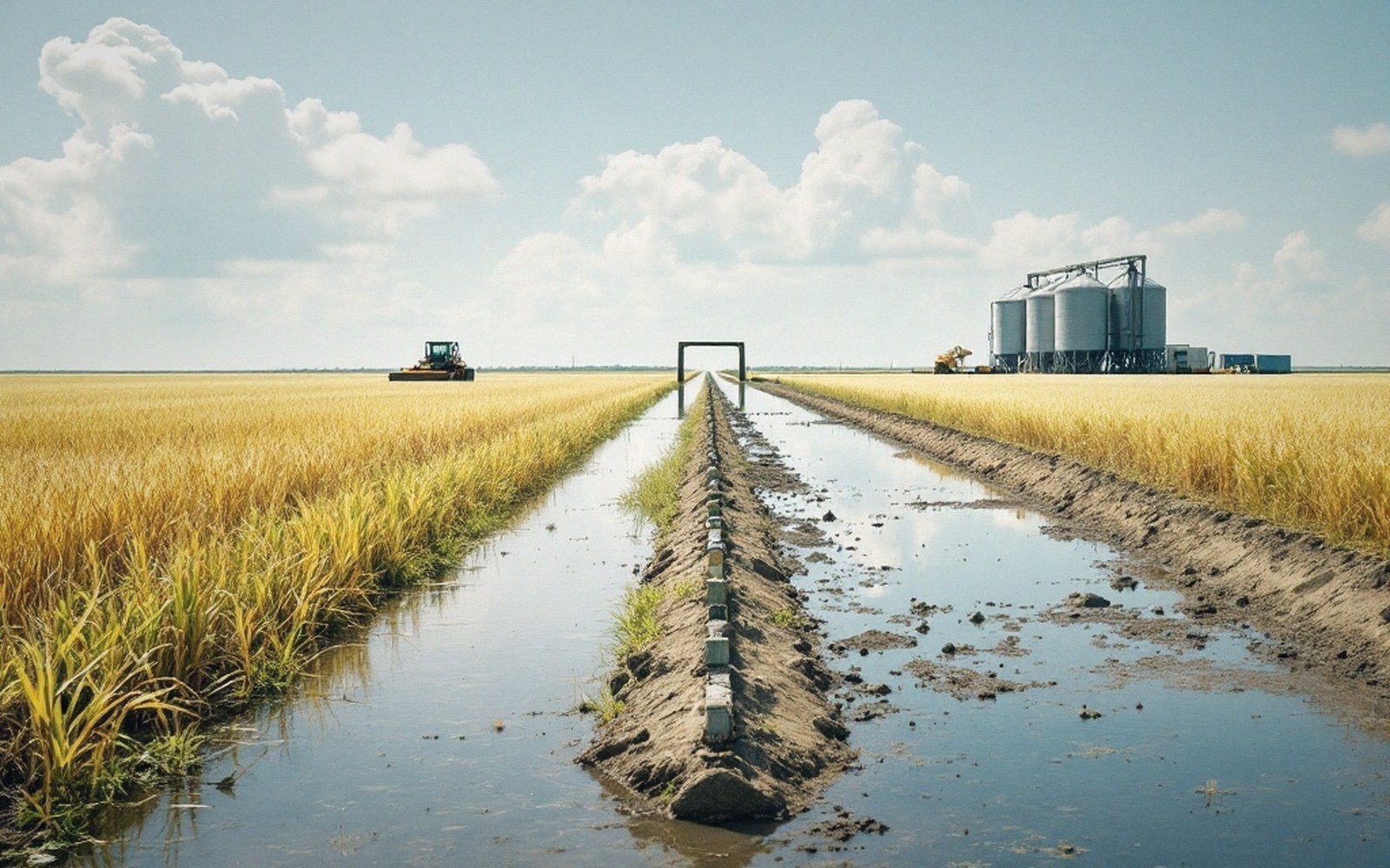 Flooded rice field with a soil contour levee running between golden crop rows toward grain silos