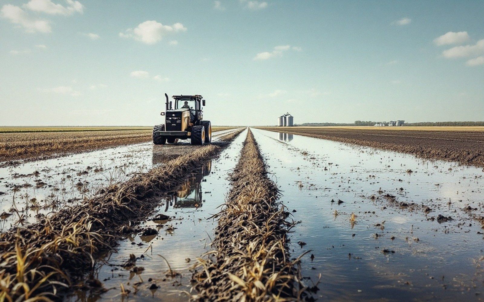 Tractor drives between flooded crop rows leading toward grain silos on the horizon