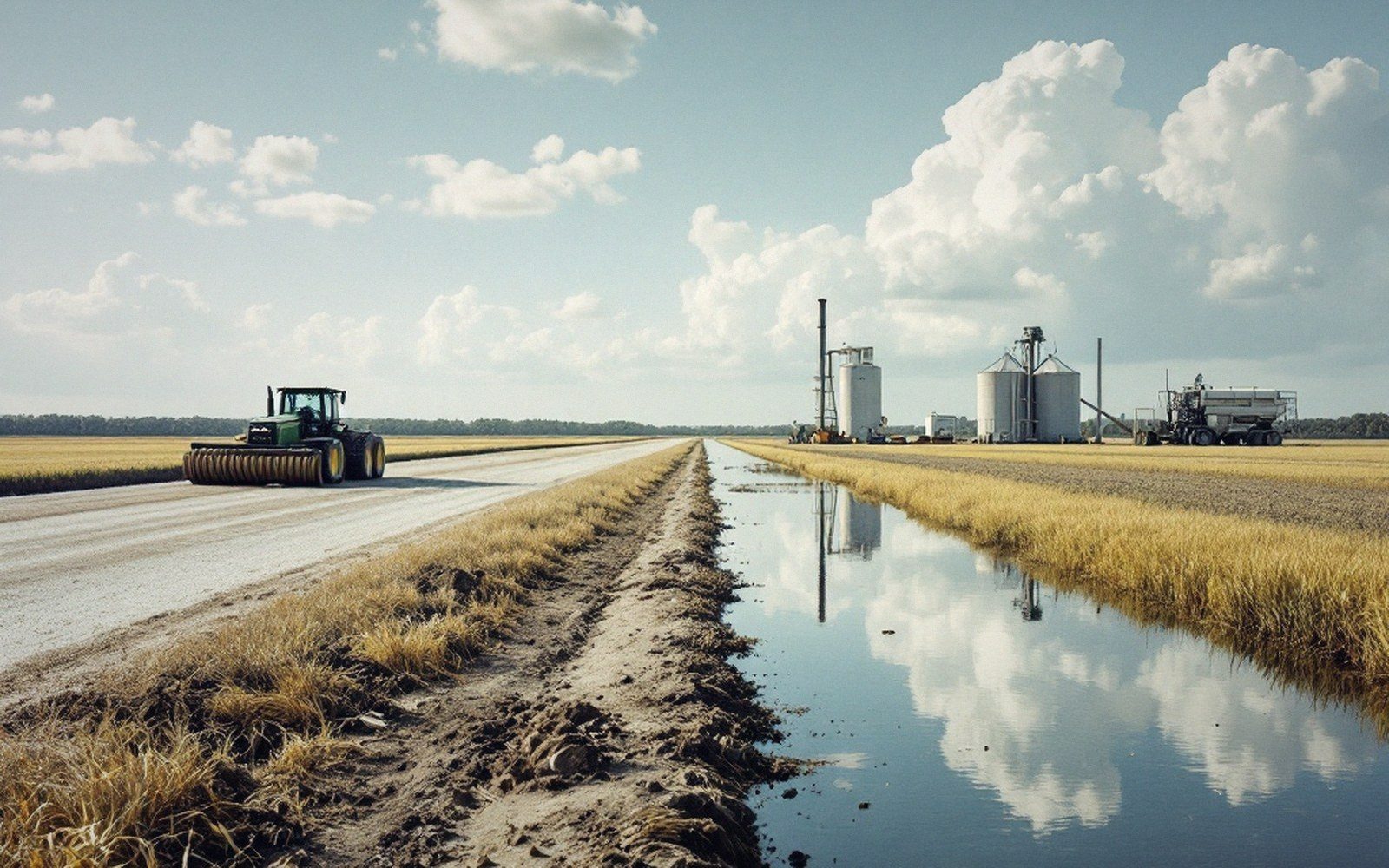 Tractor pulling a scraper along a farm road beside a flooded field with grain silos