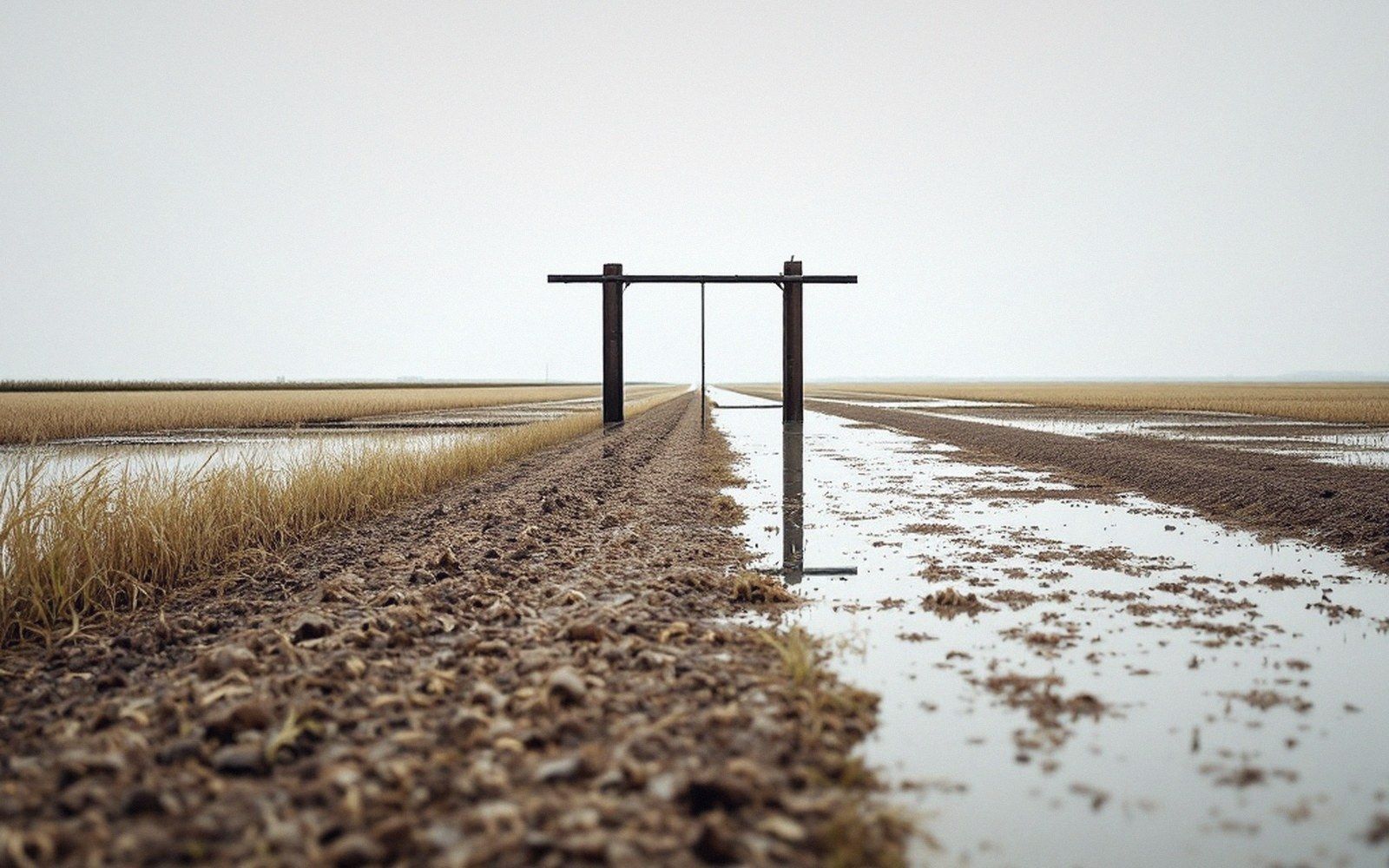 A levee gate standing in a flooded rice bay, flat overcast light