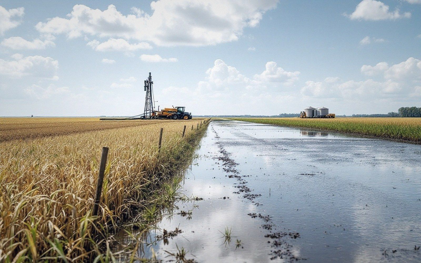 An irrigation well head and discharge pipe in a field